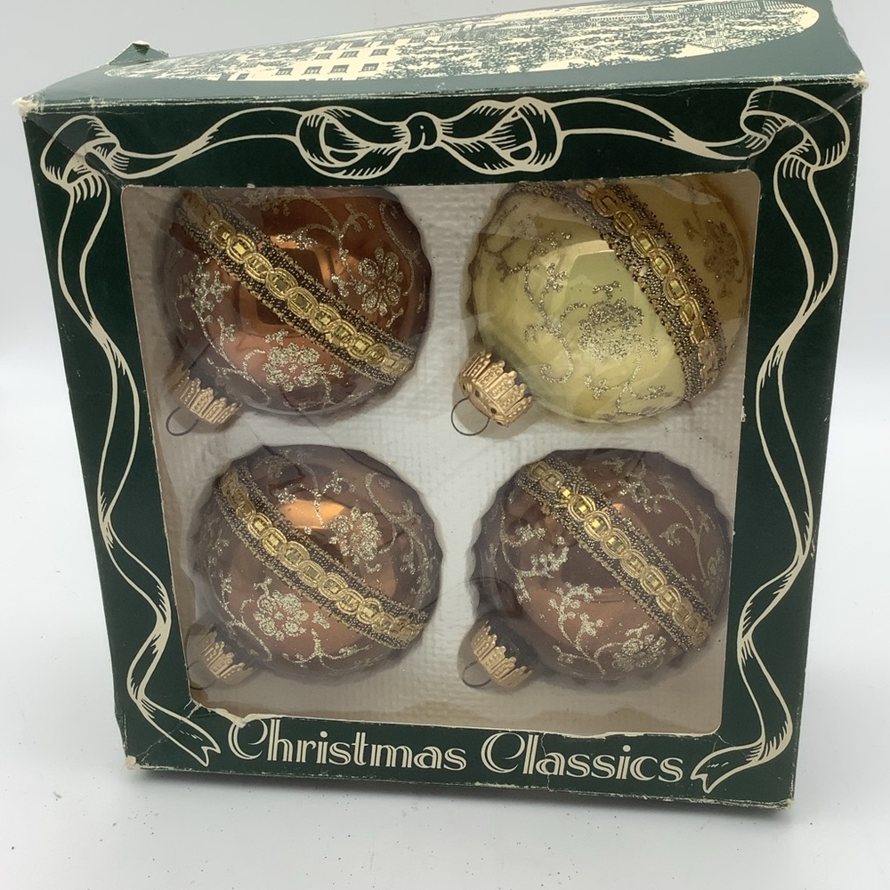 Vintage Krebs Christmas Classics Brown and Cream Glass Ball Ornaments